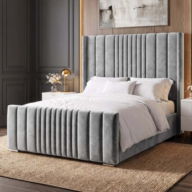 Winged Ottoman Bed Frame with Lines - Ottoman Storage Bed - King (5ft) / Light Grey