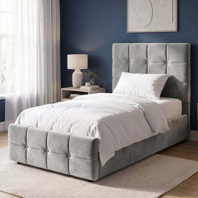 Square Ottoman Storage Bed - Velvet Ottoman Bed Frame - Single (3ft) / Grey