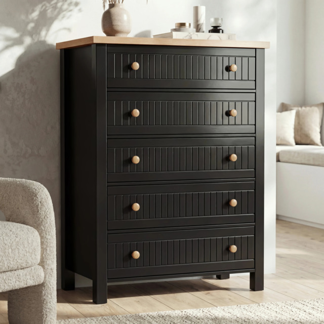 Linra Painted Tall 5 Chest of Drawers - Bedroom Drawers - Black
