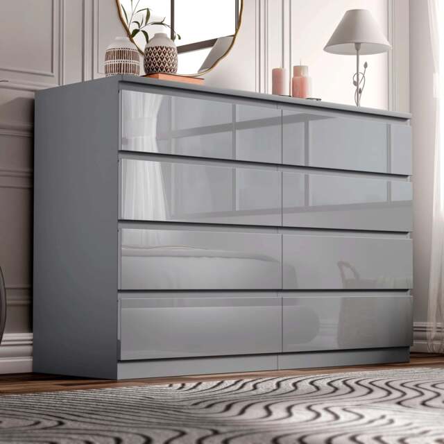 High Gloss Wide 8 Drawer Chest of Drawers - Bedroom Dresser - Grey