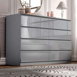 High Gloss Wide 8 Drawer Chest of Drawers - Bedroom Dresser - Grey