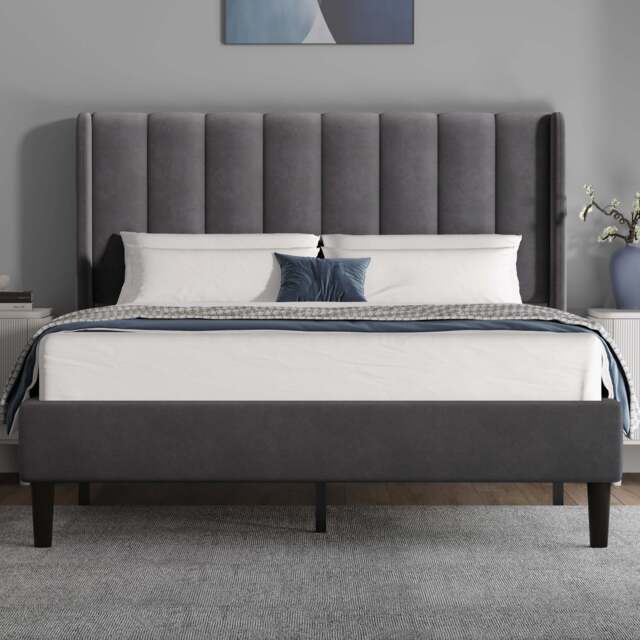 Vertical Line Velvet Upholstered Bed Frame Double & King Sizes - Double (4ft6) / Grey