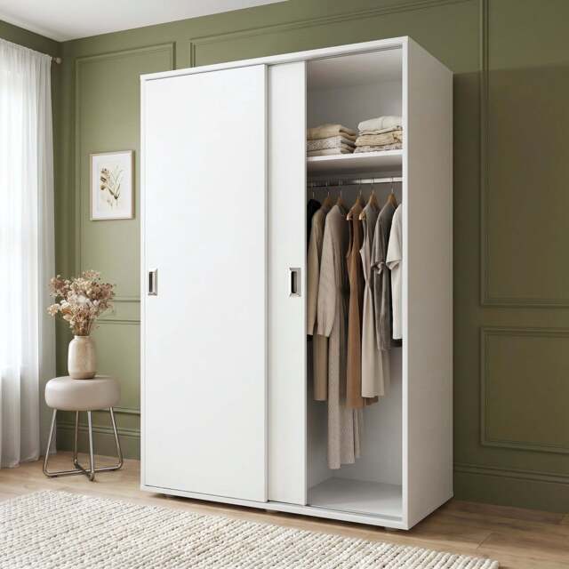 120cm White 2 Door Sliding Wardrobe with Shelves and Hanging Rail - image 1