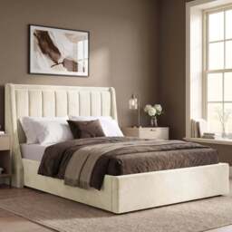 Winged Plush Velvet Ottoman Storage Bed Frame - King / Beige