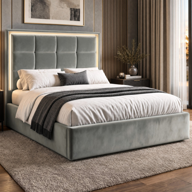 LED Plush Velvet Ottoman Storage Bed Frame - King / Grey