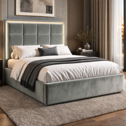 LED Plush Velvet Ottoman Storage Bed Frame - King / Grey