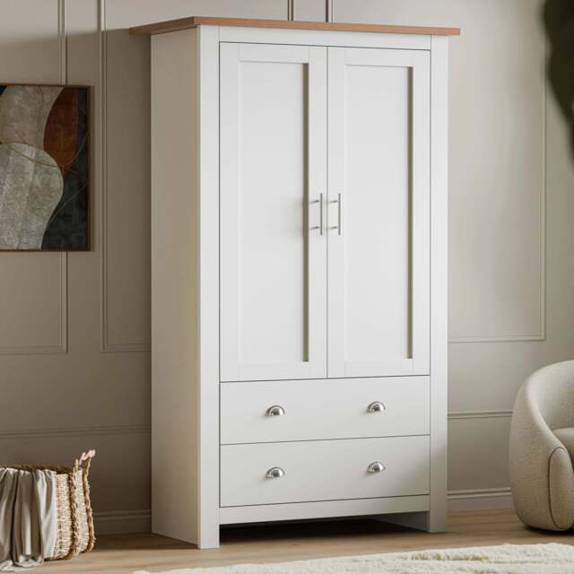 Shaker Double Wardrobe With Drawers And Hanging Space - White
