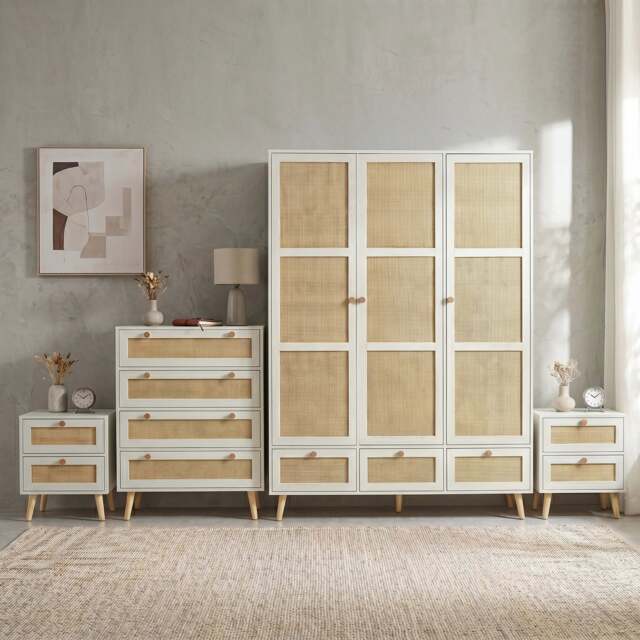 Wovena Rattan 4 Piece Bedroom Set- Pine Legs - White