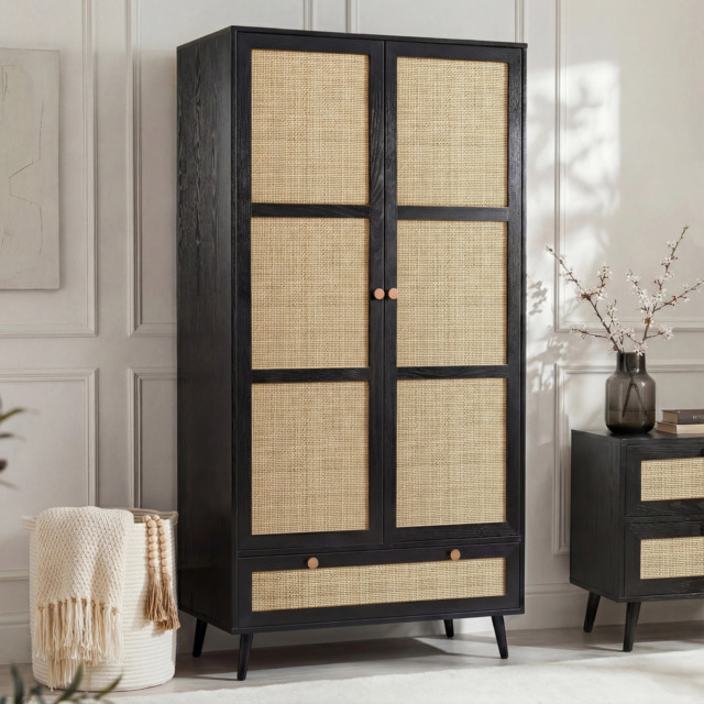 Wovena Rattan 2 Door Wardrobe with Drawers - Black - image 1
