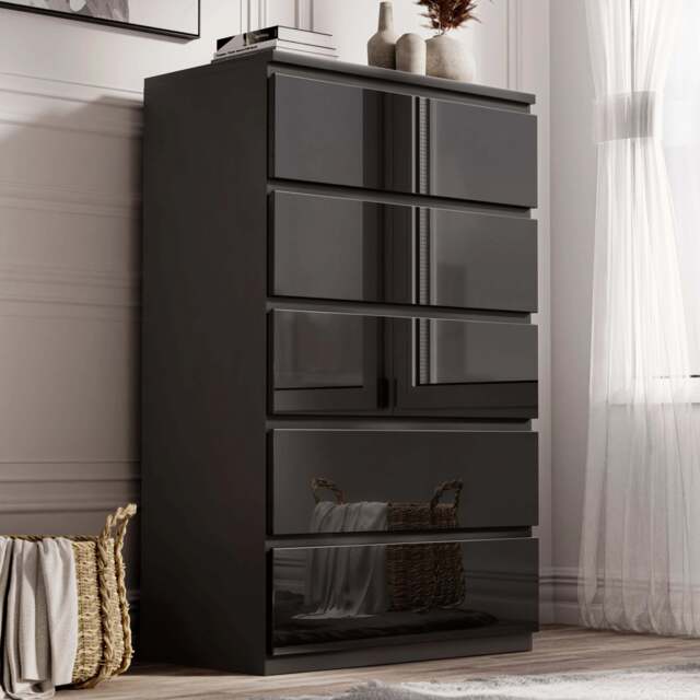 High Gloss Tall Chest of Drawers - 5 Drawer Chest Bedroom Drawers - Black