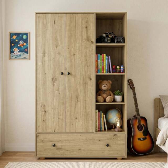 Kids Triple Wardrobe with Drawer & Open Shelves - Oak