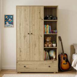 Kids Triple Wardrobe with Drawer & Open Shelves - Oak