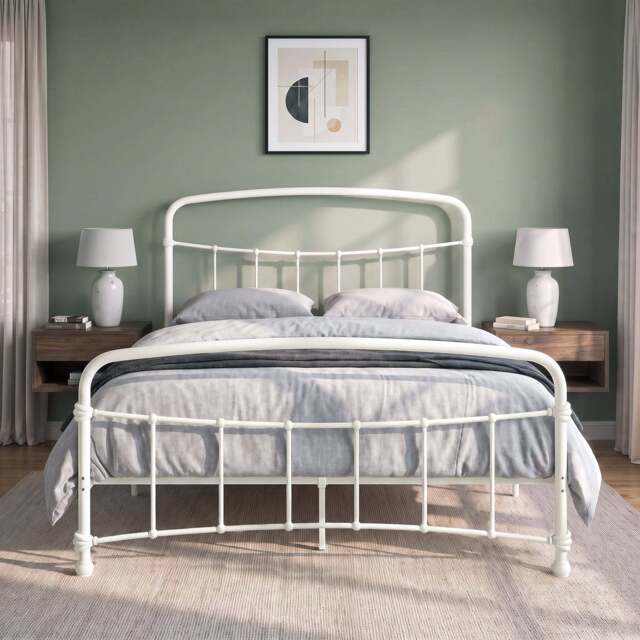 Metal Bed Frame with Curved Headboard, Single, Double and King - Double / White