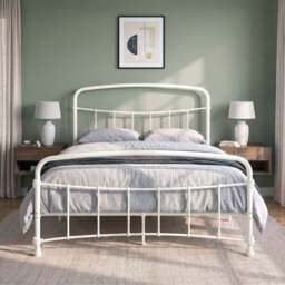 Metal Bed Frame with Curved Headboard, Single, Double and King - Double / White