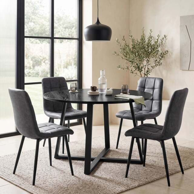 Kyvon Round Dining Table Set with 4 Chairs - Black Wood Effect - Grey Suede Leather