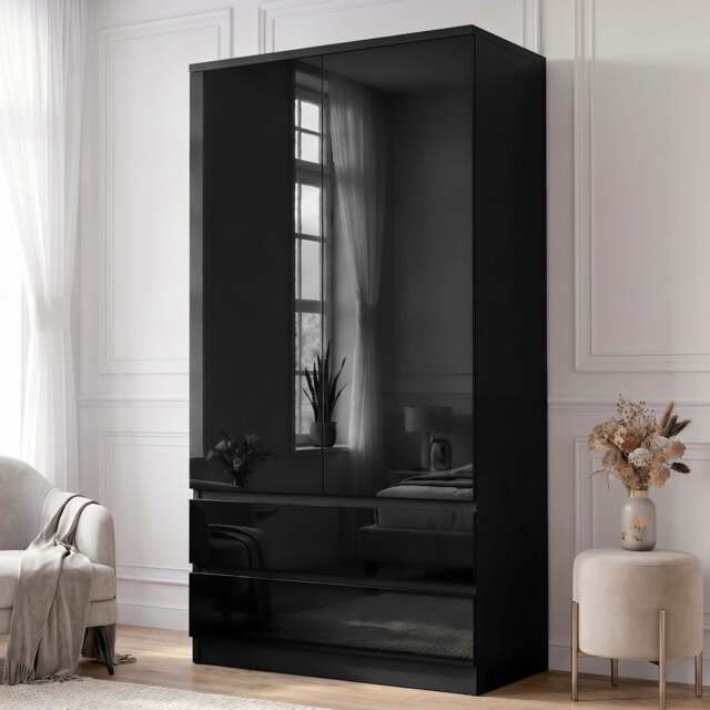 High Gloss 2 Door Wardrobe With Drawers and Hanging Rail - Black