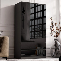 High Gloss 2 Door Wardrobe With Drawers and Hanging Rail - Black
