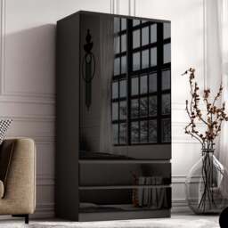 High Gloss 2 Door Wardrobe With Drawers And Hanging Space - Black