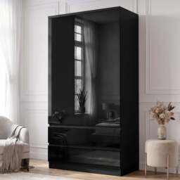 High Gloss 2 Door Wardrobe With Drawers and Hanging Rail - Black