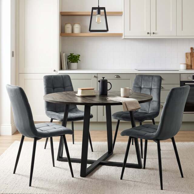 Kyvon Round Dining Table Set with 4 Chairs - Dark Wood Effect - Dark Grey