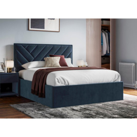 Jay Velvet-Finish Upholstered Ottoman Bed Frame - 4'6 Double - Blue