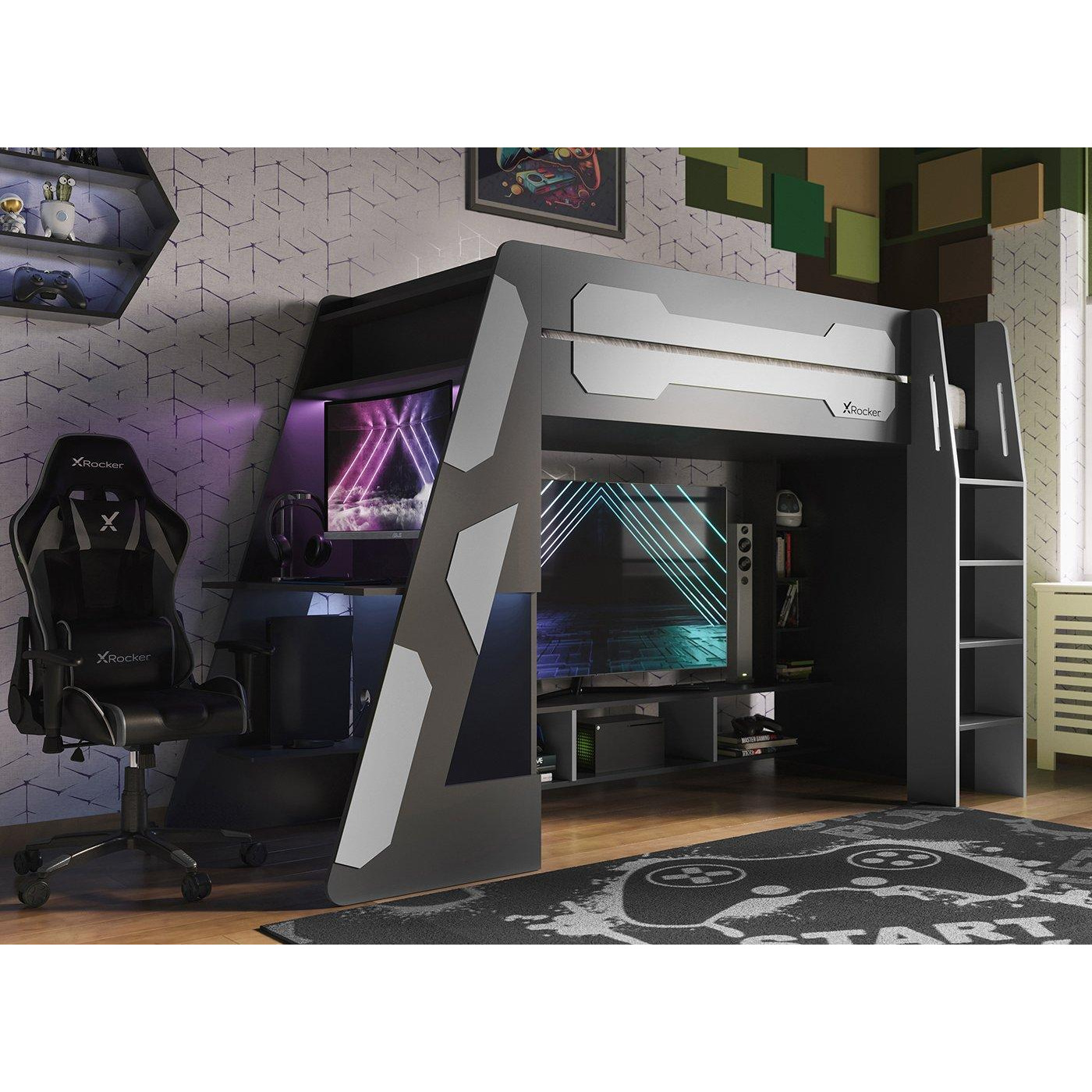 X-Rocker Garrison Kids High Sleeper with Desk - 3'0 Single - Grey