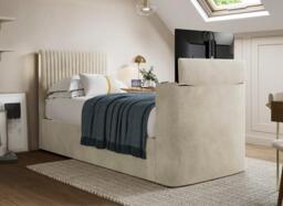 Sadie Upholstered Ottoman LG TV Bed Frame with Storage - 3'0 Single - Beige
