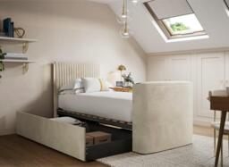 Sadie Upholstered Ottoman LG TV Bed Frame with Storage - 3'0 Single - Beige - thumbnail 2