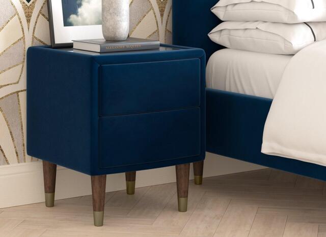Batten Velvet-Finish Bedside Table - Blue