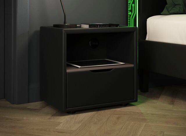 Glitch Upholstered USB Charging Bedside Table - Black