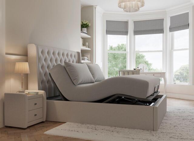 Deacon Ergomotion Adjustable Velvet-Finish Bed Frame - 4'6 Double - Cream - image 1