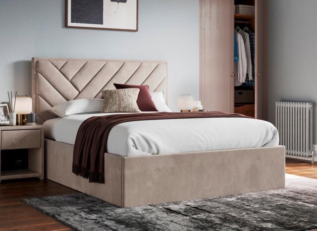 Jay Velvet-Finish Upholstered Ottoman Bed Frame - 5'0 King - Beige - image 1