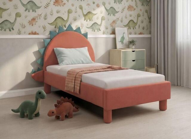 Frankie Velvet-Finish Kids Dino Bed Frame - 3'0 Single - Orange
