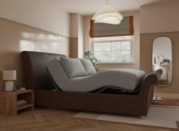 Delaware Ergomotion Adjustable Upholstered Sleigh Bed Frame - 4'6 Double - Brown - thumbnail 1