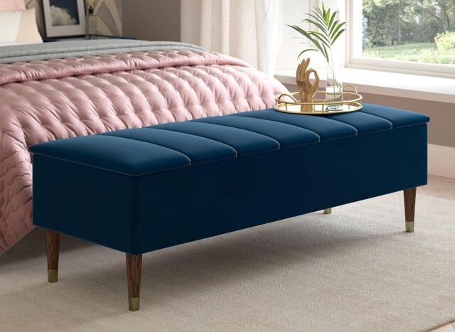 Batten Velvet-Finish Blanket Box - Blue