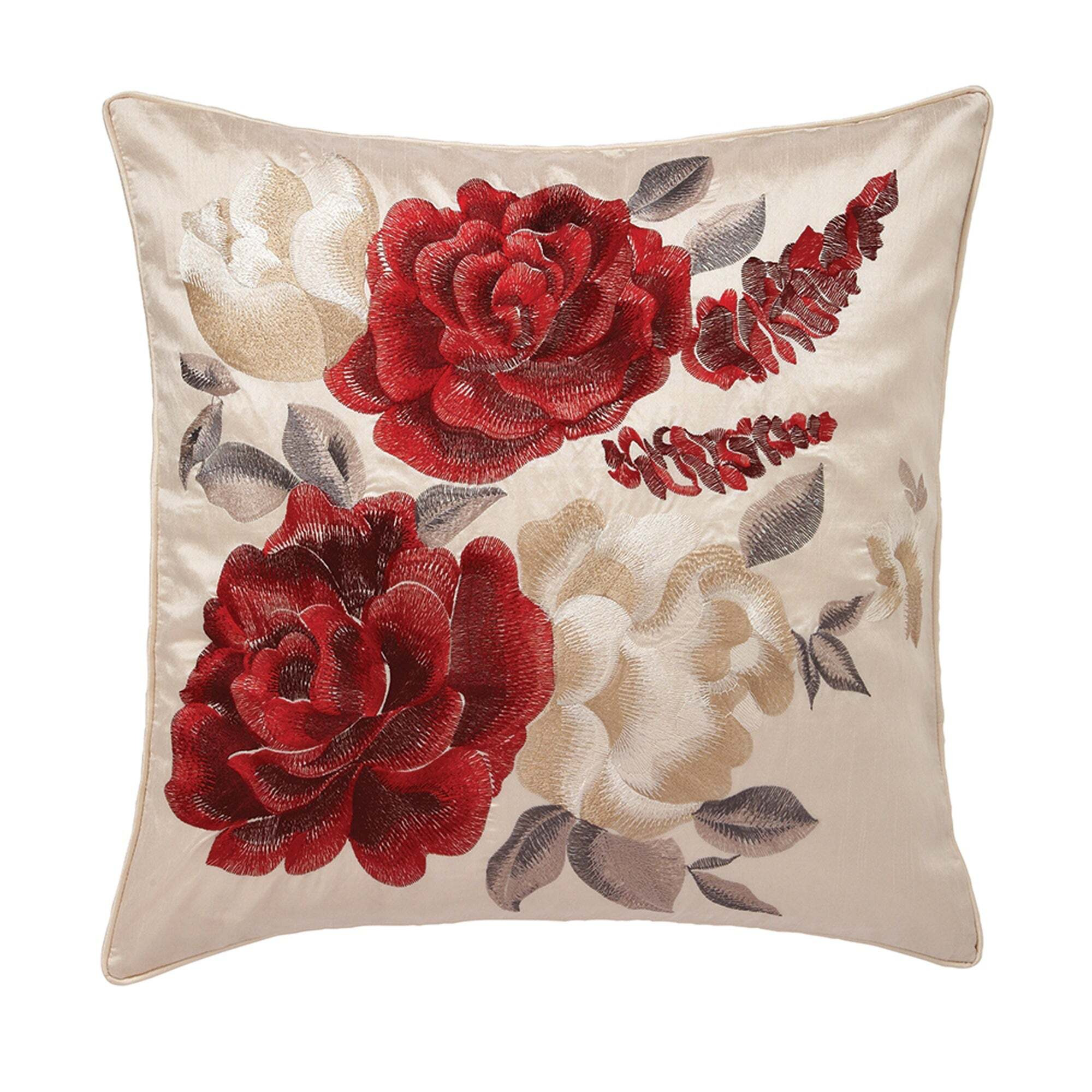 Embroidered Rose Cushion Red/Beige