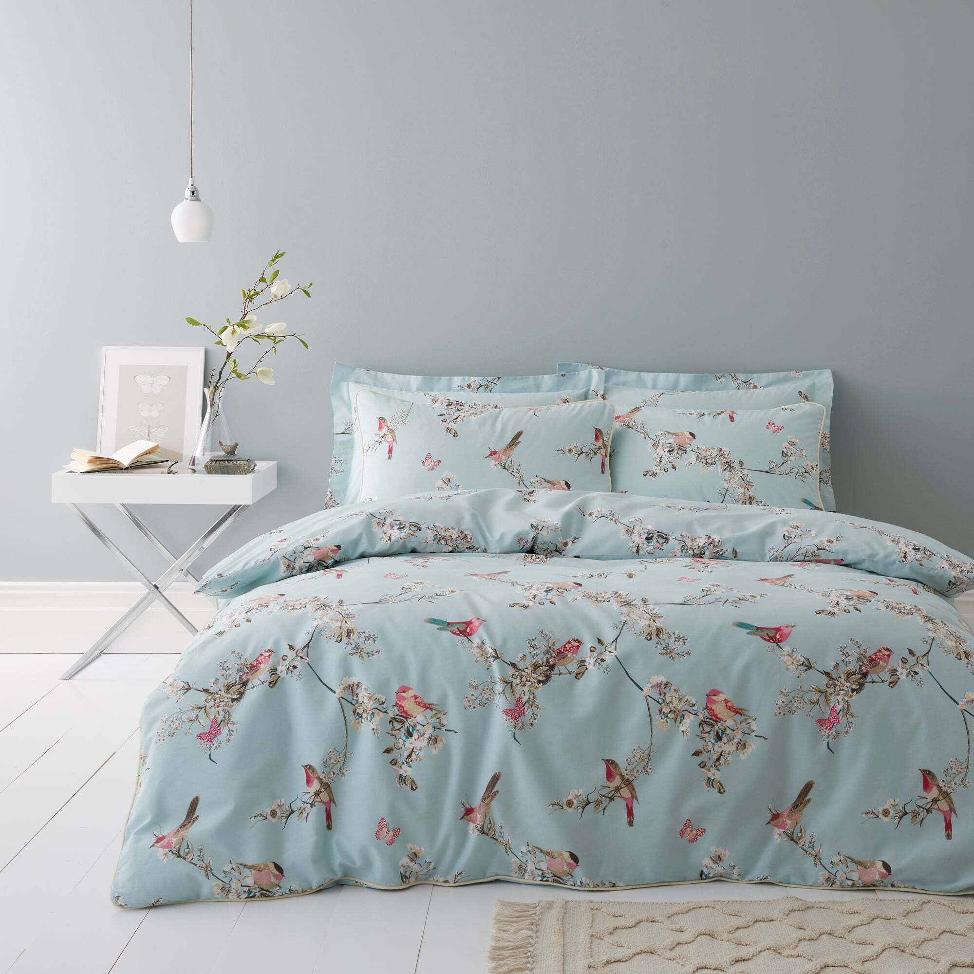 Beautiful Birds Duck-Egg Duvet Cover and Pillowcase Set Blue/Pink