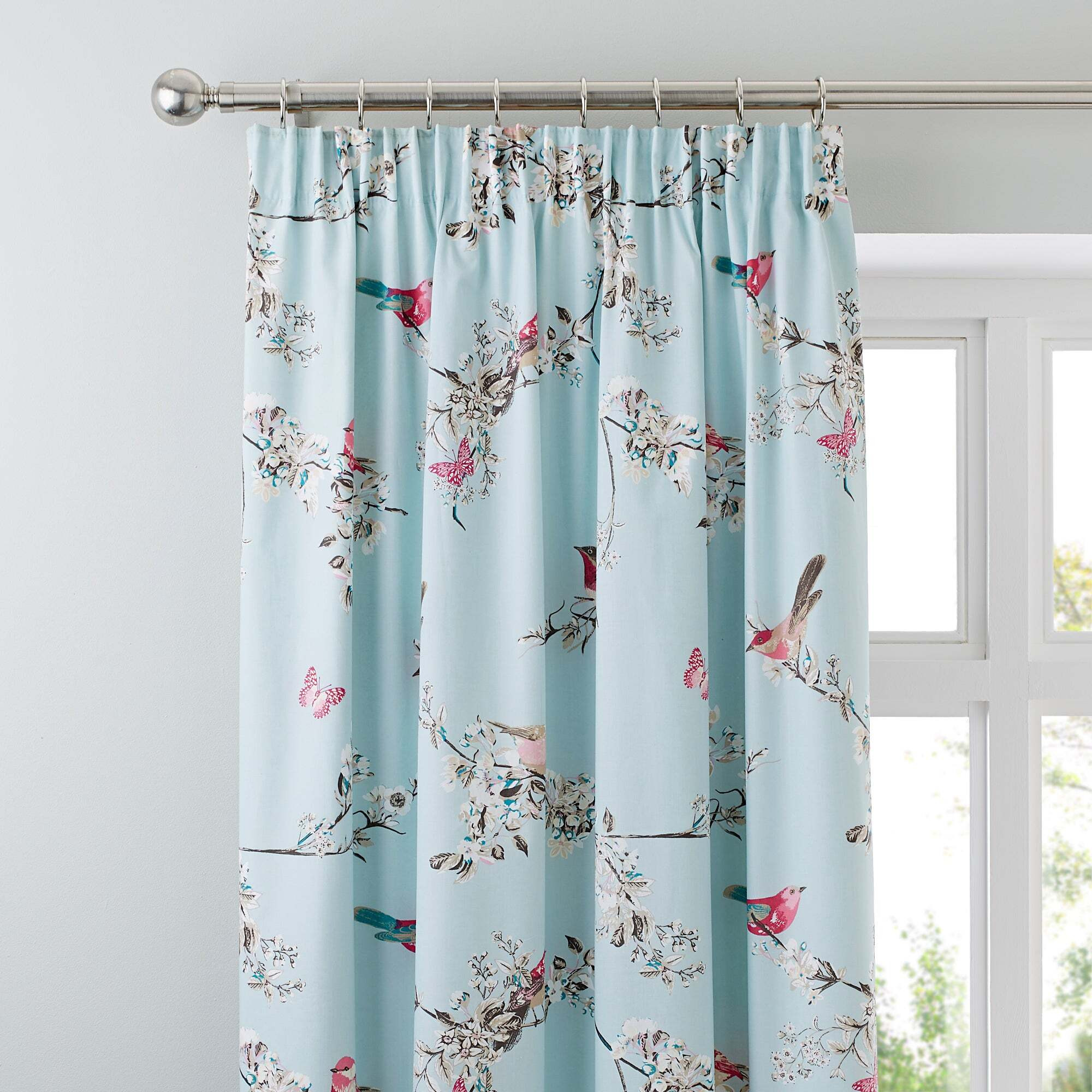 Beautiful Birds Duck-Egg Thermal Pencil Pleat Curtains Blue/Pink