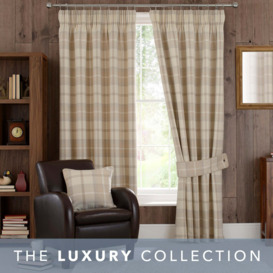 Highland Check Natural Pencil Pleat Curtains Brown