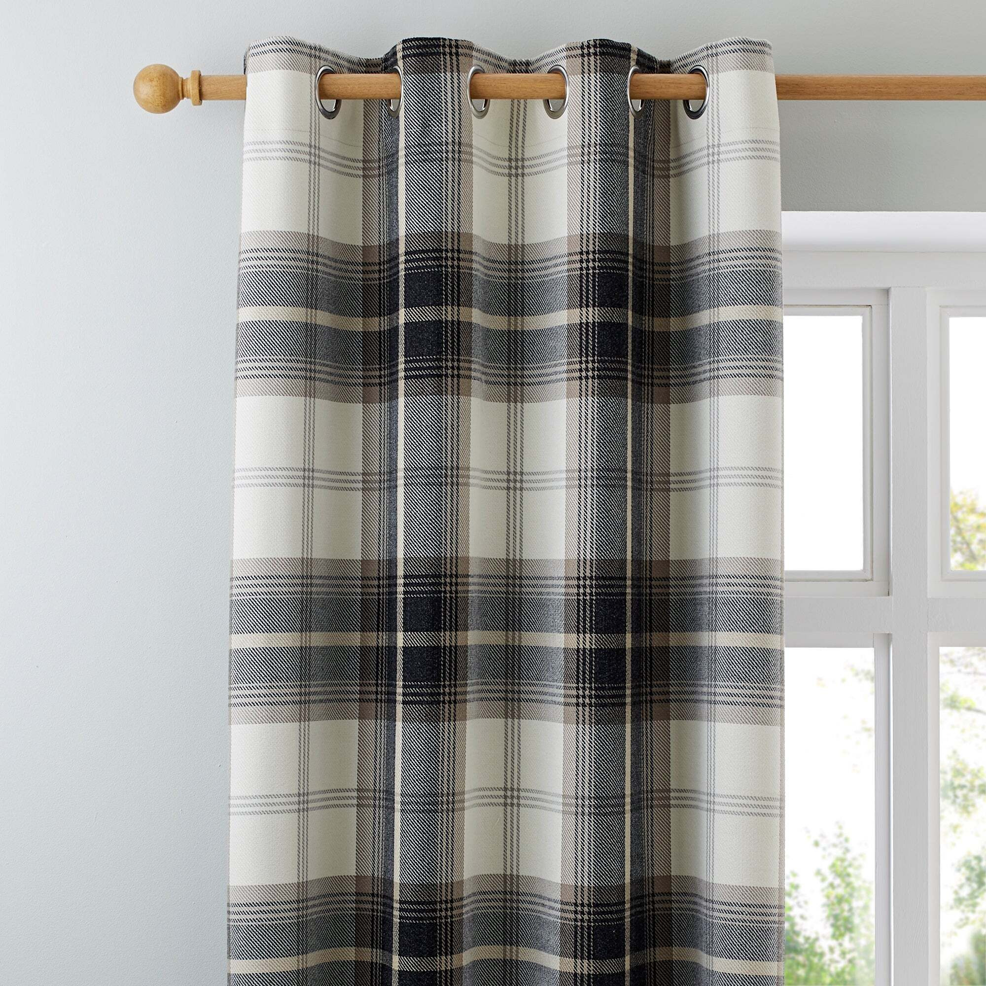 Highland Check Charcoal Eyelet Curtains Charcoal/White