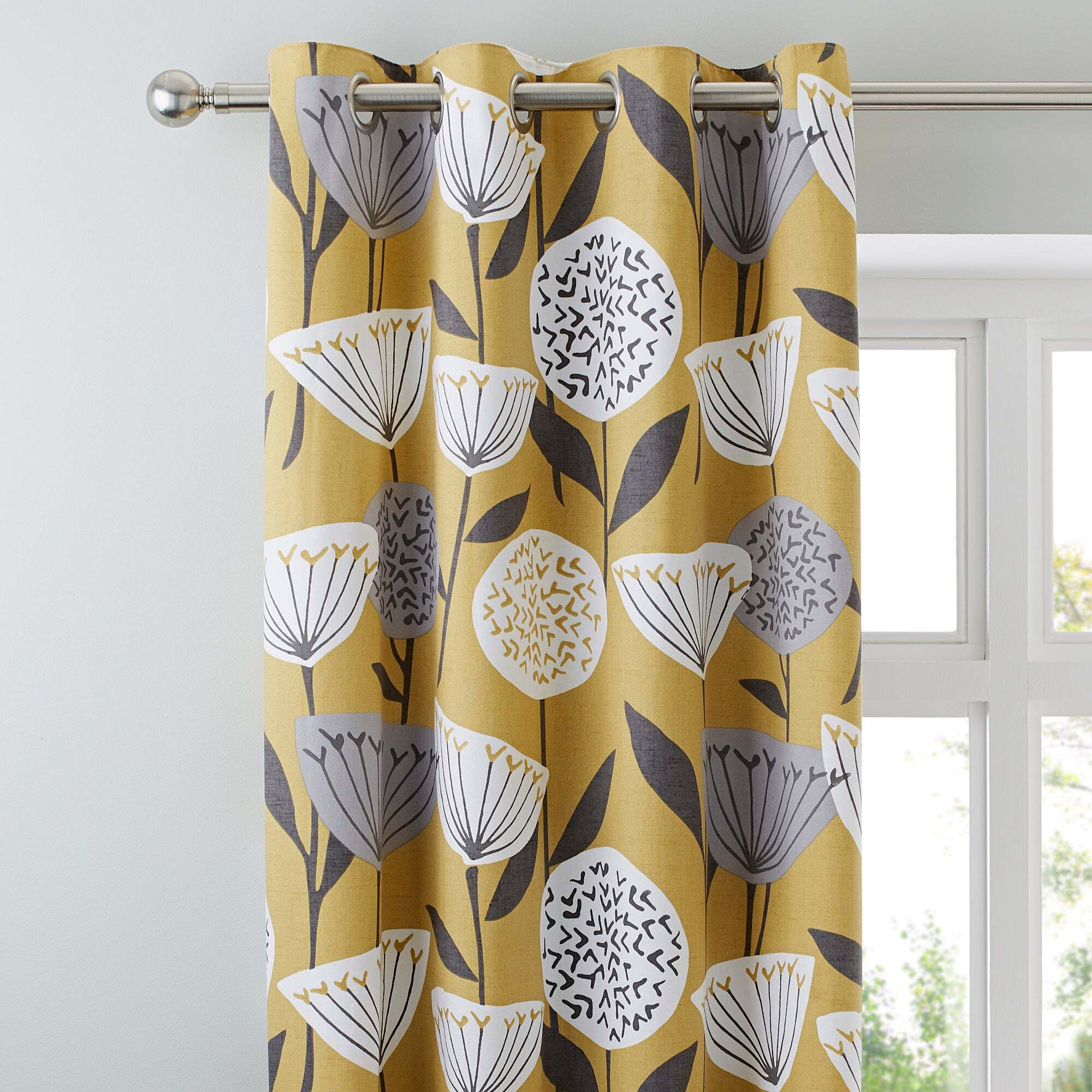 Elements Emmott Ochre Eyelet Curtains Yellow, Grey and White