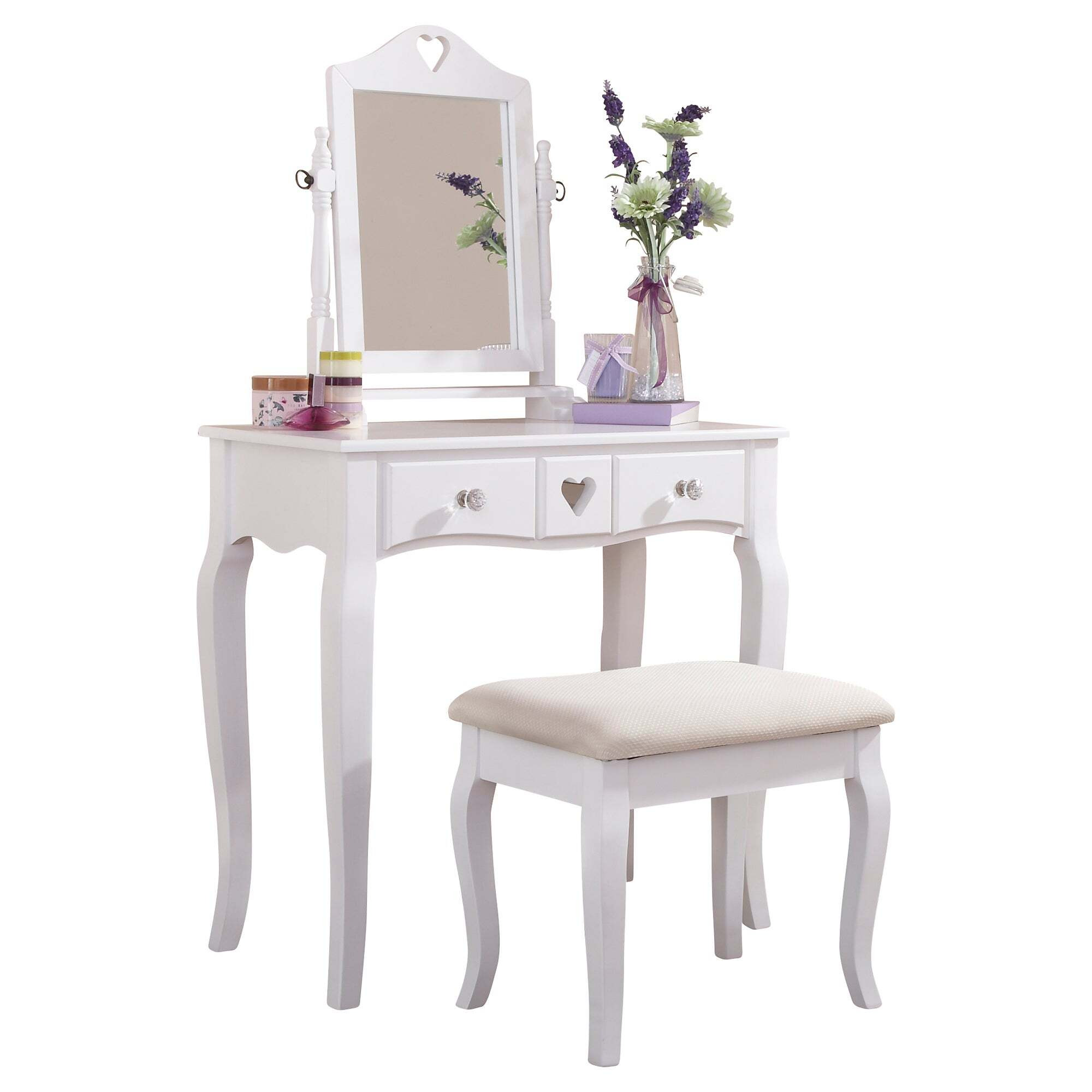 Heart 2 Drawer Dressing Table Set with Mirror White