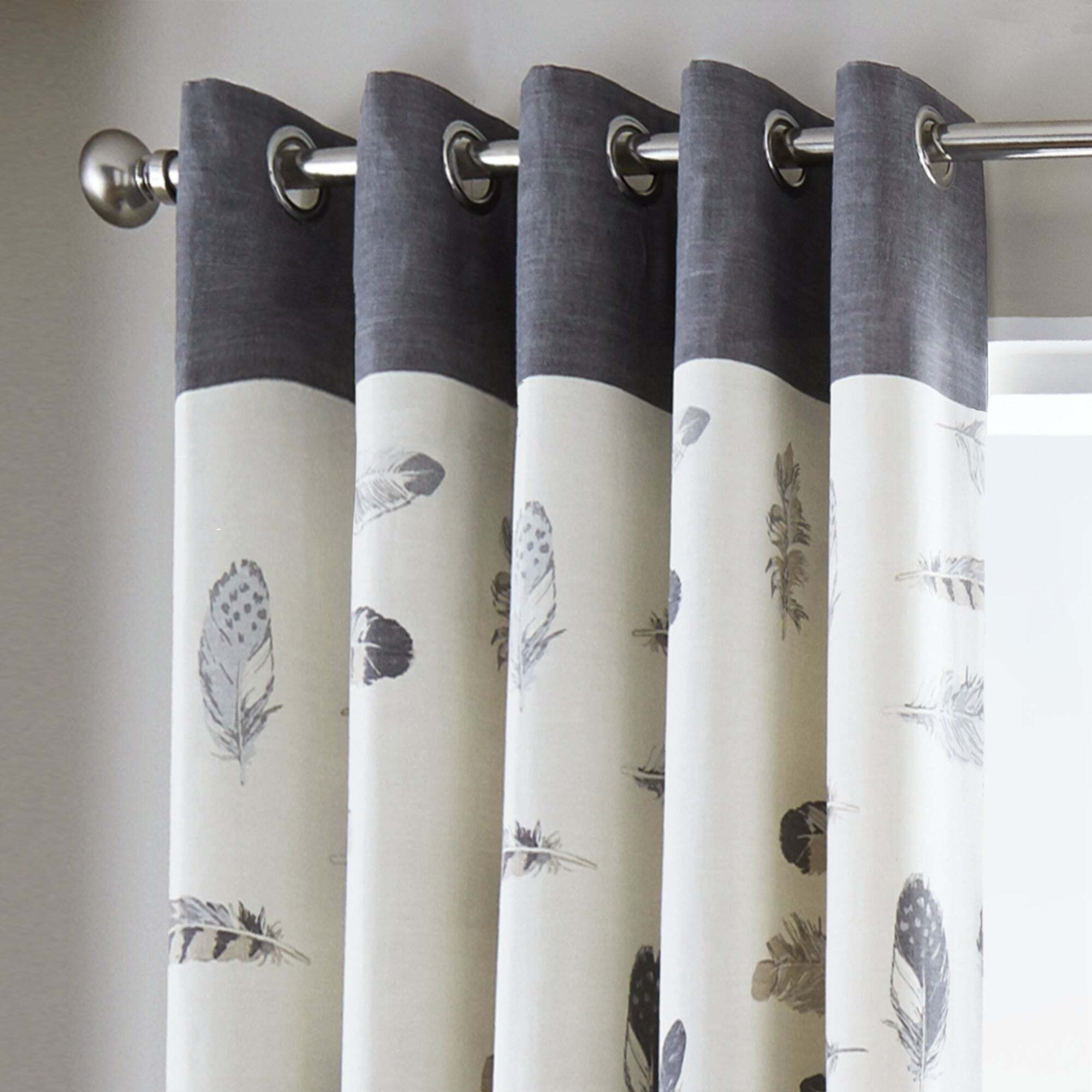 Idaho Charcoal Feather Eyelet Curtains Grey and White