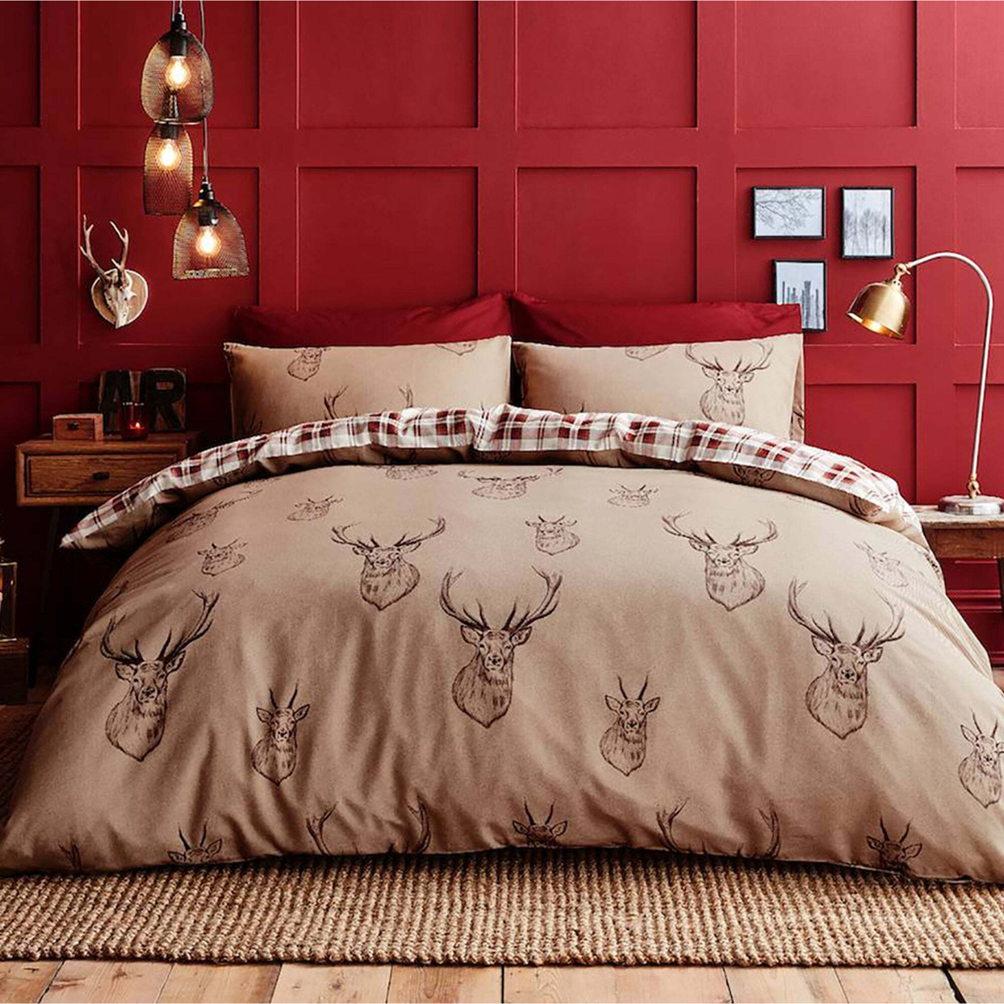 Catherine Lansfield Stag Natural Duvet Cover and Pillowcase Set Beige/Red