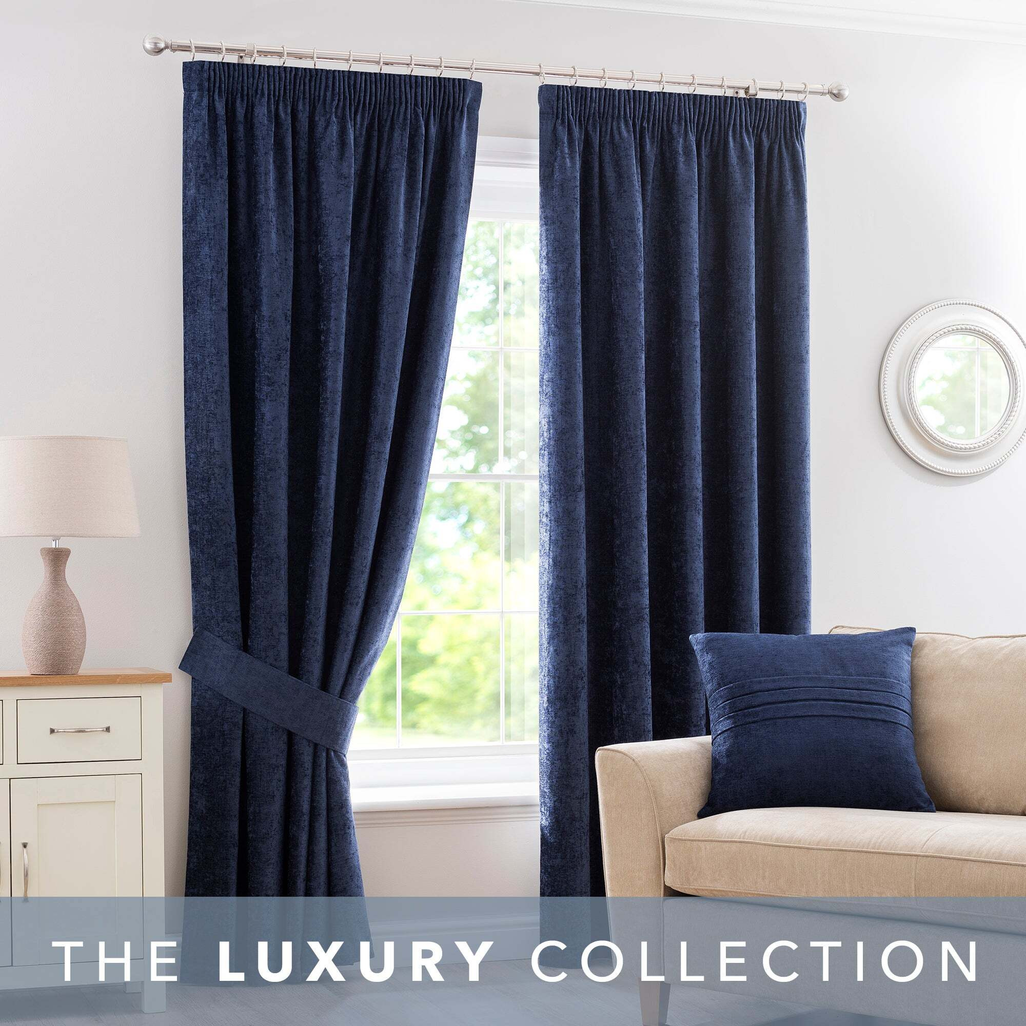 Chenille Navy Pencil Pleat Curtains Navy Blue