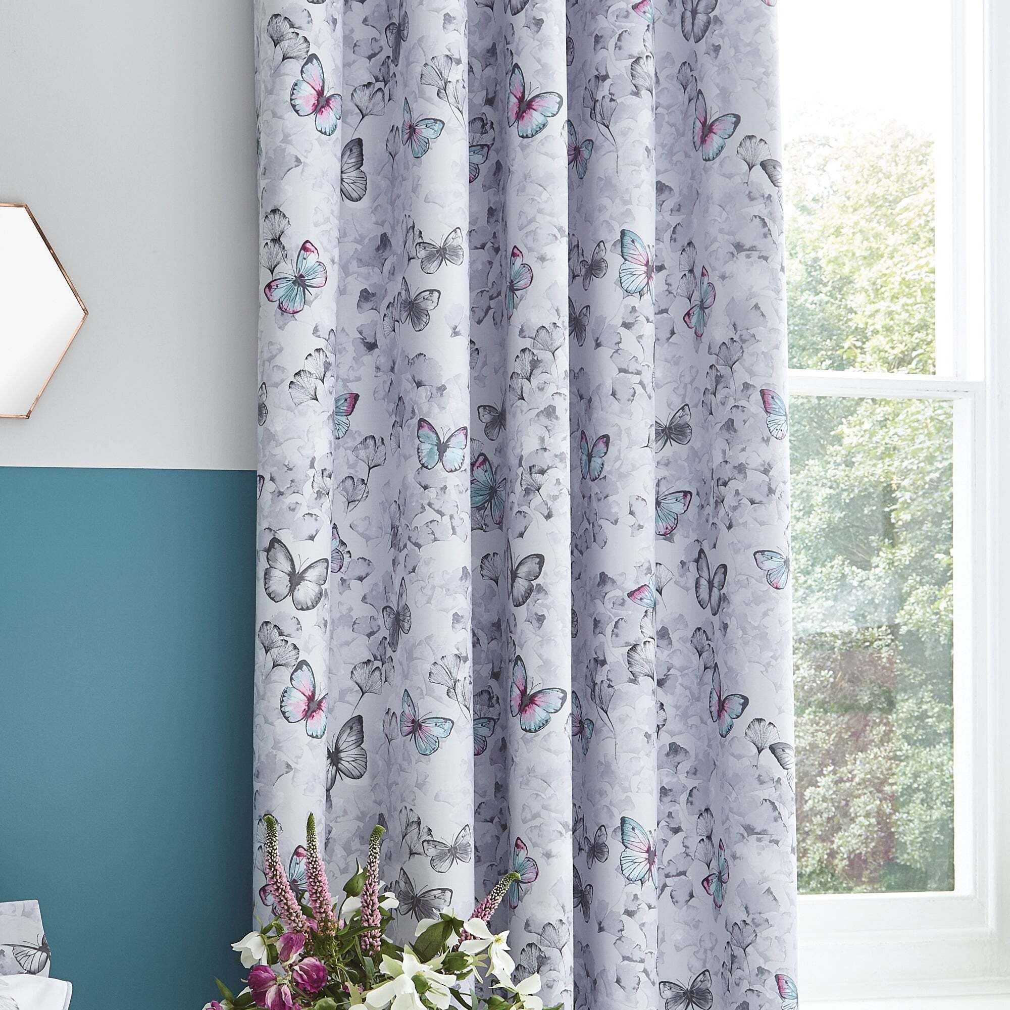 Ginkgo Butterfly White Blackout Eyelet Curtains White, Blue and Grey