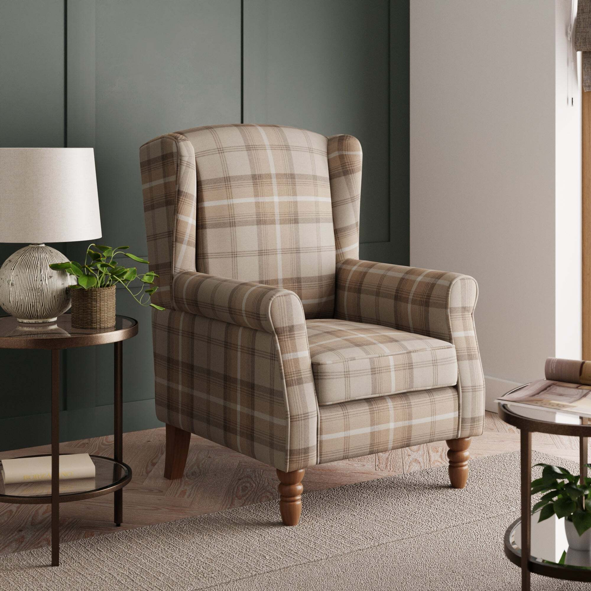 Oswald Check Wingback Armchair Brown, Blue and White by Dunelm