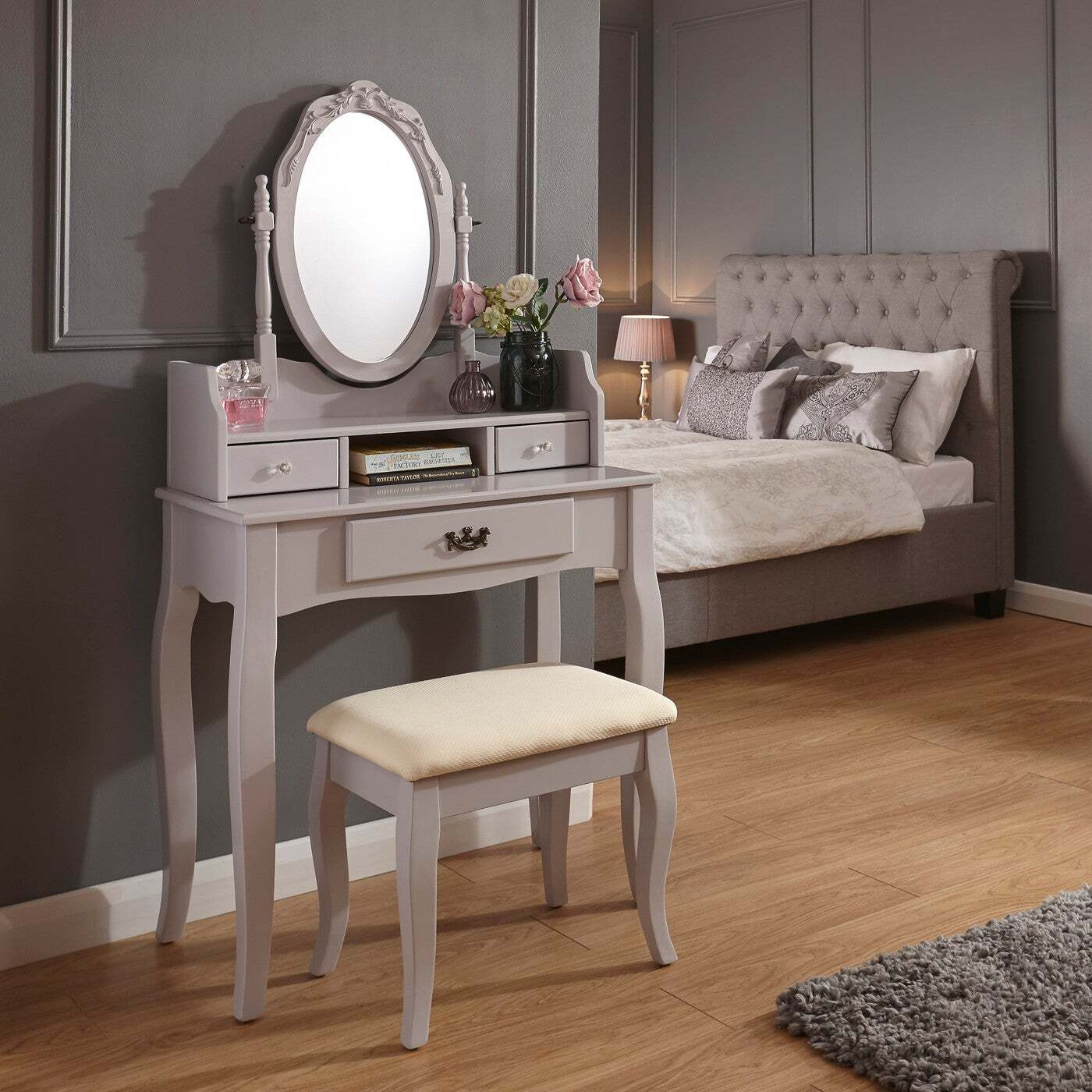 Lumberton 3 Drawer Dressing Table Set with Mirror, Pine Grey