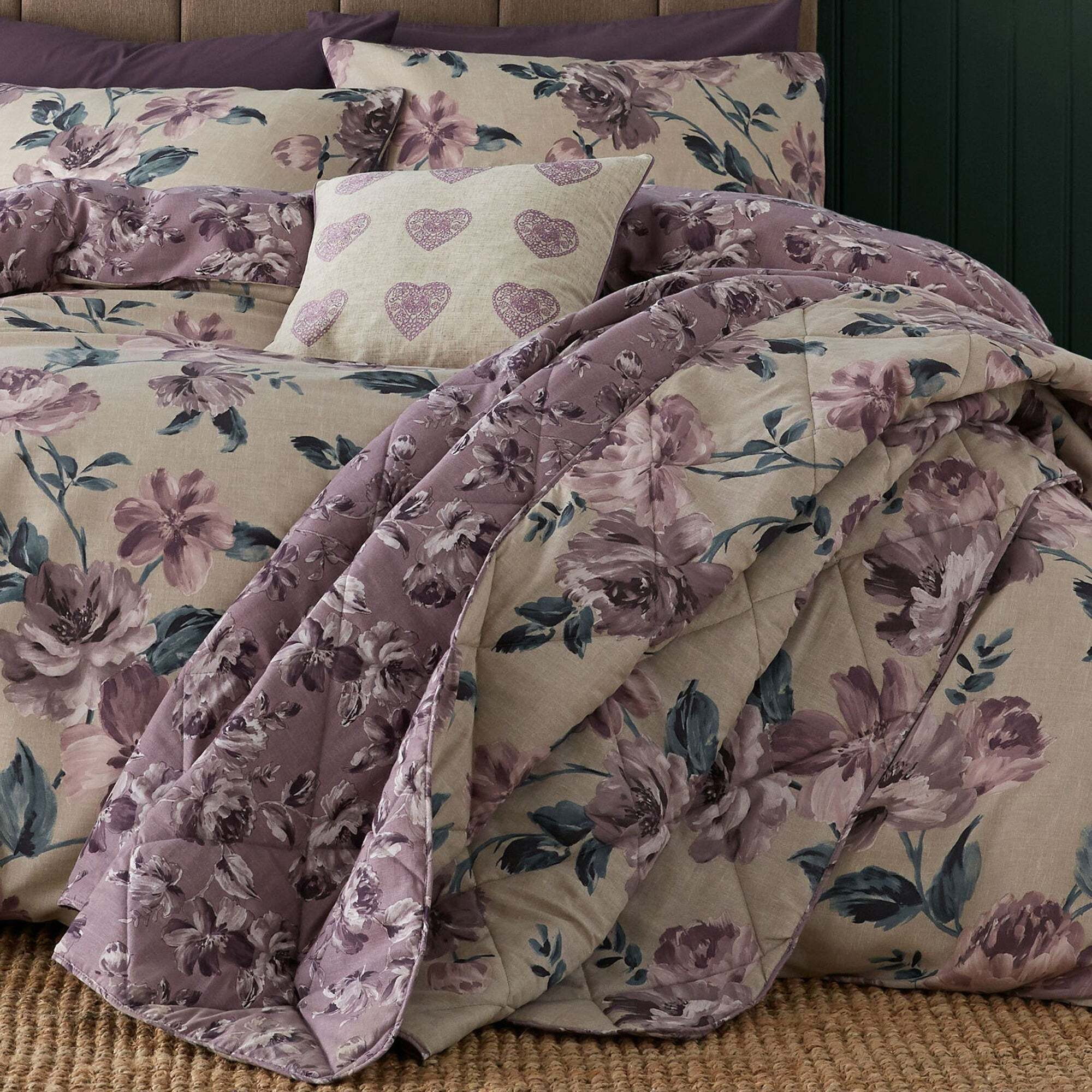 Catherine Lansfield Painted Plum Floral Bedspread Purple/Natural