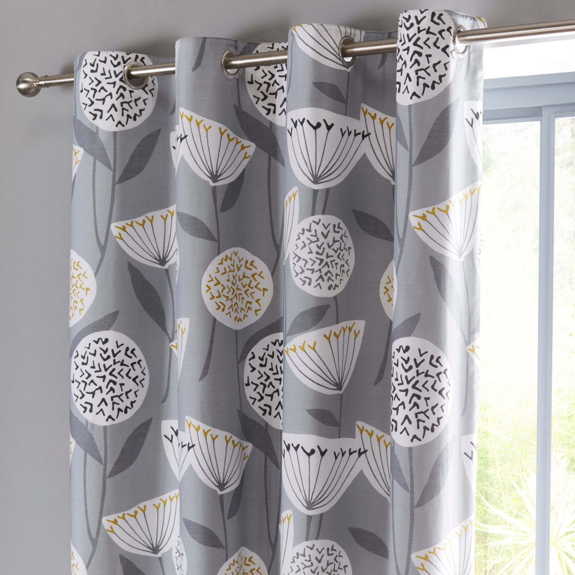 Elements Emmott Grey Blackout Eyelet Curtains Grey and Yellow